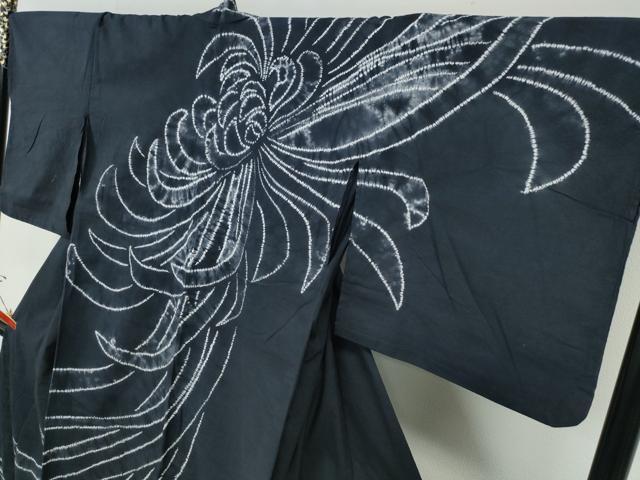 平和屋着物∴夏物　訪問着・浴衣兼用　絵羽浴衣　有松鳴海絞り　乱菊　黒地　綿　逸品　CABJ0085ng