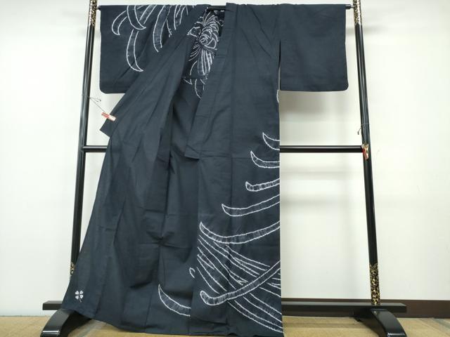 平和屋着物∴夏物　訪問着・浴衣兼用　絵羽浴衣　有松鳴海絞り　乱菊　黒地　綿　逸品　CABJ0085ng