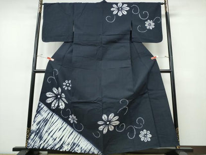 平和屋着物∴夏物　訪問着・浴衣兼用　絵羽浴衣　有松鳴海絞り　菊唐草文　濃紺地　綿　逸品　CABJ0086ng