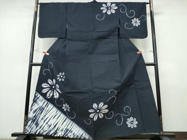 平和屋着物∴夏物　訪問着・浴衣兼用　絵羽浴衣　有松鳴海絞り　菊唐草文　濃紺地　綿　逸品　CABJ0086ng