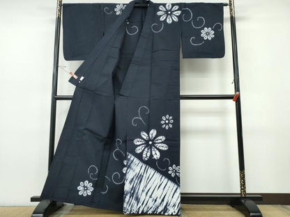 平和屋着物∴夏物　訪問着・浴衣兼用　絵羽浴衣　有松鳴海絞り　菊唐草文　濃紺地　綿　逸品　CABJ0086ng