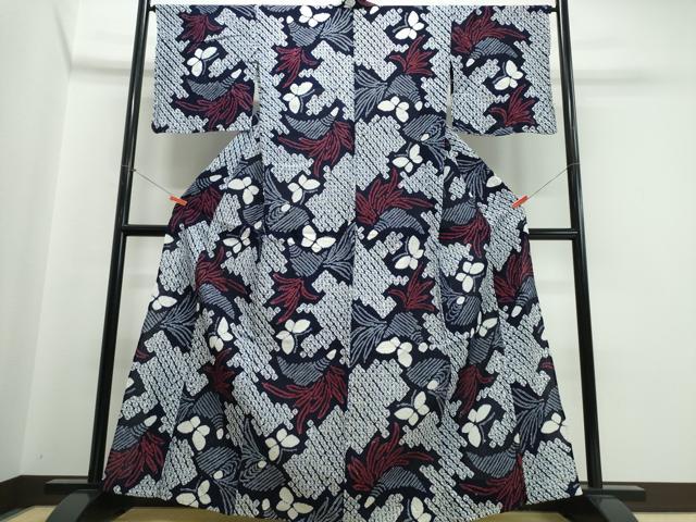 平和屋着物∴夏物　浴衣　有松鳴海絞り　草花舞蝶文　綿　逸品　CABJ0103ng