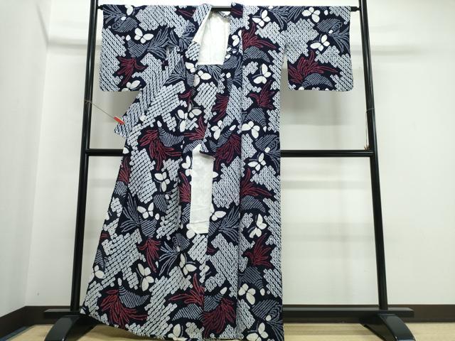 平和屋着物∴夏物　浴衣　有松鳴海絞り　草花舞蝶文　綿　逸品　CABJ0103ng