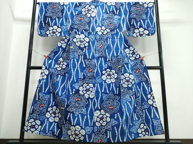 平和屋着物∴夏物　浴衣　有松鳴海絞り　よろけ縞舞牡丹文　綿　逸品　CABJ0127ng