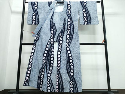 平和屋着物∴夏物　浴衣　有松鳴海絞り　よろけ縞丸文　綿　逸品　CABJ0189ng