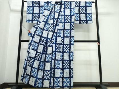 平和屋着物∴夏物　浴衣　有松鳴海絞り　市松花文　綿　逸品　CABJ0211ng
