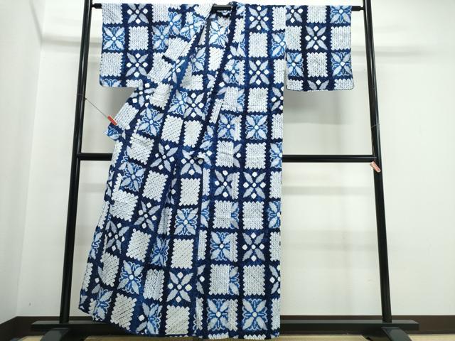 平和屋着物∴夏物　浴衣　有松鳴海絞り　市松花文　綿　逸品　CABJ0211ng