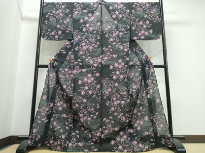 平和屋着物∴夏物　浴衣・小紋兼用　花古今　源氏車草花文　黒地　日本製　洗える着物　未使用　CABJ0215ng