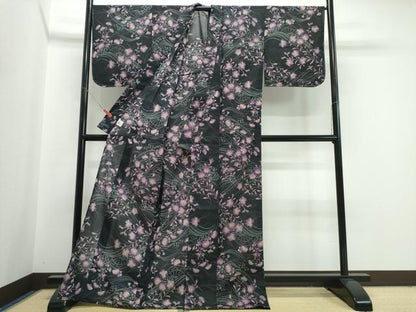 平和屋着物∴夏物　浴衣・小紋兼用　花古今　源氏車草花文　黒地　日本製　洗える着物　未使用　CABJ0215ng