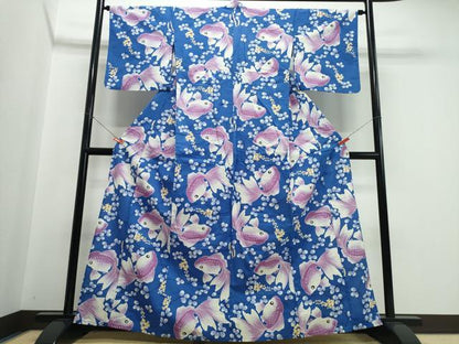 平和屋着物∴夏物　浴衣　金魚枝葉文　綿　逸品　CABJ0222ng