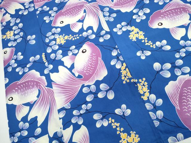 平和屋着物∴夏物　浴衣　金魚枝葉文　綿　逸品　CABJ0222ng