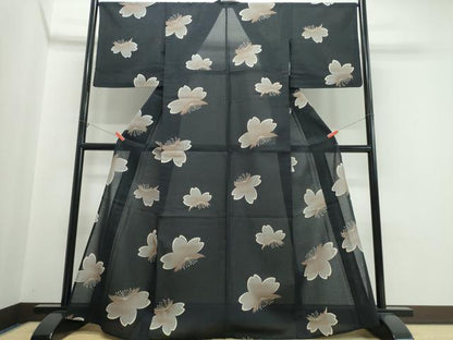平和屋着物∴夏物　浴衣　コシノジュンコ　JUNKO KOSHINO 　綿紅梅　舞桜　黒地　綿　逸品　CABJ0226ng