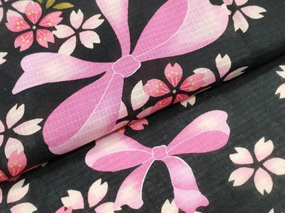 平和屋着物∴夏物　浴衣　綿紅梅　リボン　舞桜　黒地　綿　逸品　CABJ0228ng