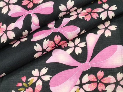 平和屋着物∴夏物　浴衣　綿紅梅　リボン　舞桜　黒地　綿　逸品　CABJ0228ng