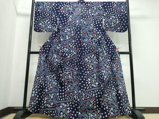 平和屋着物∴夏物　浴衣　有松鳴海絞り　流水桔梗花文　綿　逸品　未使用　CABJ0234ng