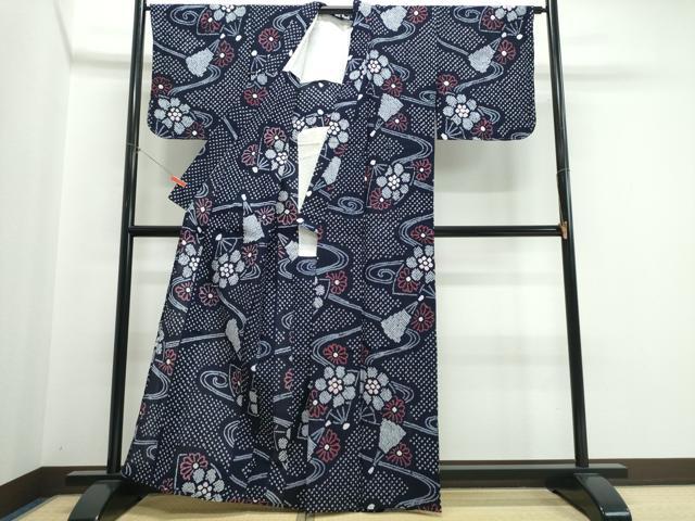 平和屋着物∴夏物　浴衣　有松鳴海絞り　流水扇花文　綿　逸品　未使用　CABJ0243ng