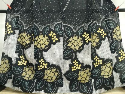 平和屋着物∴夏物　訪問着・浴衣兼用　絵羽浴衣　有松鳴海絞り　紫陽花　黒地　綿　逸品　CABJ0254ng
