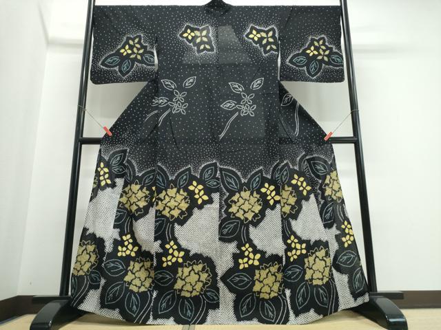 平和屋着物∴夏物　訪問着・浴衣兼用　絵羽浴衣　有松鳴海絞り　紫陽花　黒地　綿　逸品　CABJ0254ng