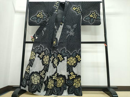 平和屋着物∴夏物　訪問着・浴衣兼用　絵羽浴衣　有松鳴海絞り　紫陽花　黒地　綿　逸品　CABJ0254ng