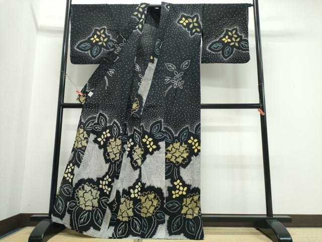平和屋着物∴夏物　訪問着・浴衣兼用　絵羽浴衣　有松鳴海絞り　紫陽花　黒地　綿　逸品　CABJ0254ng