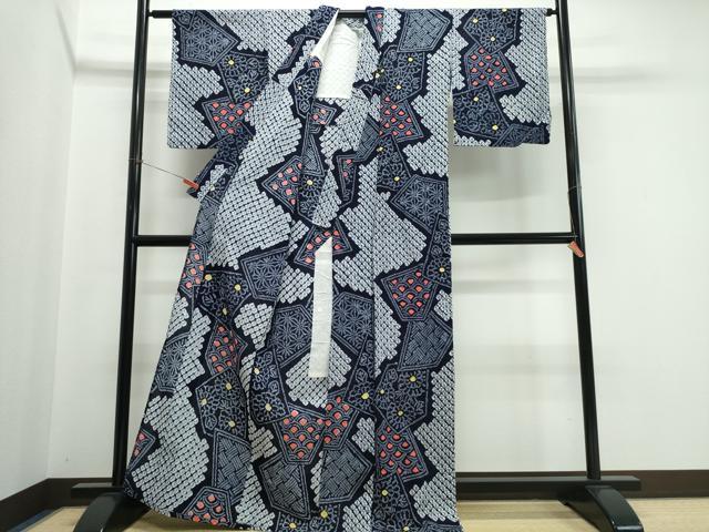平和屋着物∴夏物　浴衣　有松鳴海絞り　切嵌吉祥花文　綿　逸品　未使用　CABJ0267ng