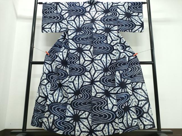 平和屋着物∴夏物　浴衣　有松鳴海絞り　流水麻の葉文様　綿　逸品　CABJ0288ng