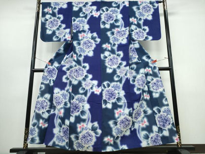 平和屋着物∴夏物　浴衣　注染　手縫い　紫陽花舞蝶文　金彩　綿　逸品　CABJ0296ng
