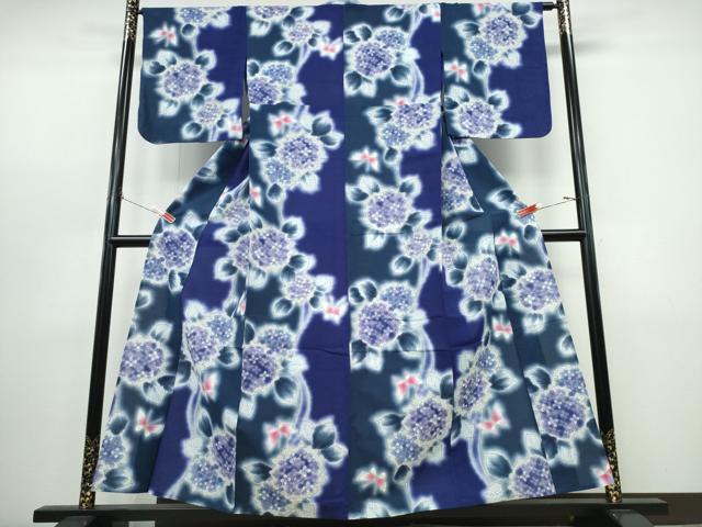 平和屋着物∴夏物　浴衣　注染　手縫い　紫陽花舞蝶文　金彩　綿　逸品　CABJ0296ng