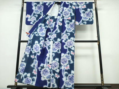 平和屋着物∴夏物　浴衣　注染　手縫い　紫陽花舞蝶文　金彩　綿　逸品　CABJ0296ng