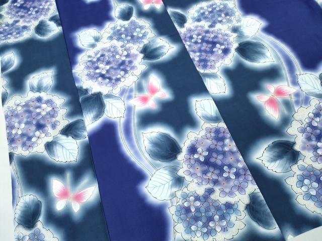 平和屋着物∴夏物　浴衣　注染　手縫い　紫陽花舞蝶文　金彩　綿　逸品　CABJ0296ng