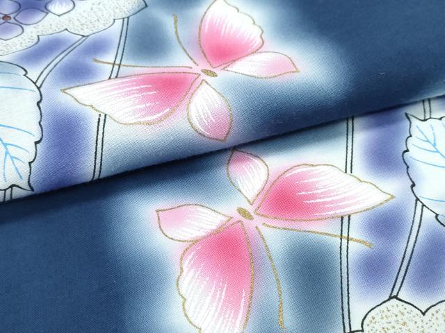 平和屋着物∴夏物　浴衣　注染　手縫い　紫陽花舞蝶文　金彩　綿　逸品　CABJ0296ng