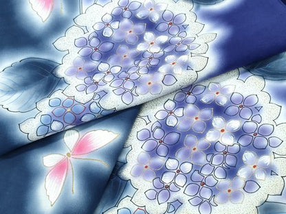 平和屋着物∴夏物　浴衣　注染　手縫い　紫陽花舞蝶文　金彩　綿　逸品　CABJ0296ng