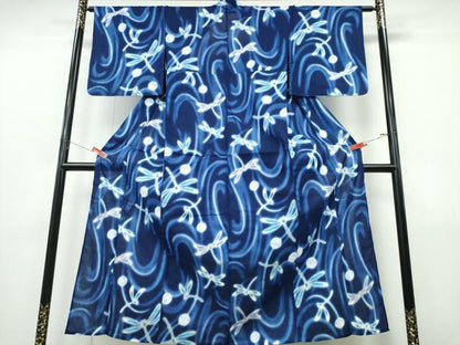 平和屋着物∴夏物　浴衣　注染　トンボ　流水文　金彩　綿　逸品　未使用　CABJ0297ng