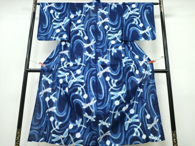 平和屋着物∴夏物　浴衣　注染　トンボ　流水文　金彩　綿　逸品　未使用　CABJ0297ng