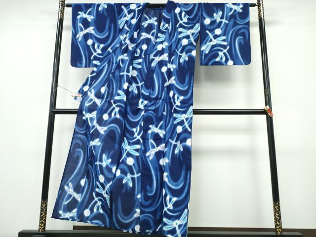 平和屋着物∴夏物　浴衣　注染　トンボ　流水文　金彩　綿　逸品　未使用　CABJ0297ng