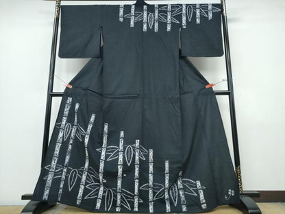 平和屋着物∴夏物　訪問着・浴衣兼用　絵羽浴衣　有松鳴海絞り　笹竹文　黒地　綿　逸品　CABJ0307ng