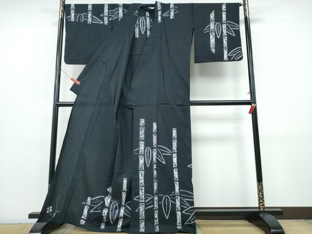 平和屋着物∴夏物　訪問着・浴衣兼用　絵羽浴衣　有松鳴海絞り　笹竹文　黒地　綿　逸品　CABJ0307ng