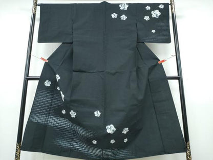 平和屋着物∴夏物　訪問着・浴衣兼用　絵羽浴衣　有松鳴海絞り　霞舞花文　黒地　綿　逸品　CABJ0308ng