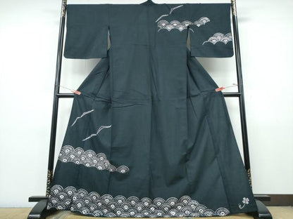 平和屋着物∴夏物　訪問着・浴衣兼用　絵羽浴衣　有松鳴海絞り　飛鳥青海波　黒地　綿　逸品　CABJ0309ng