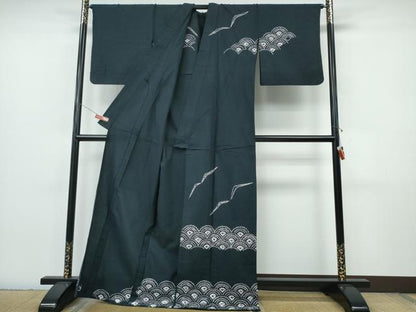 平和屋着物∴夏物　訪問着・浴衣兼用　絵羽浴衣　有松鳴海絞り　飛鳥青海波　黒地　綿　逸品　CABJ0309ng