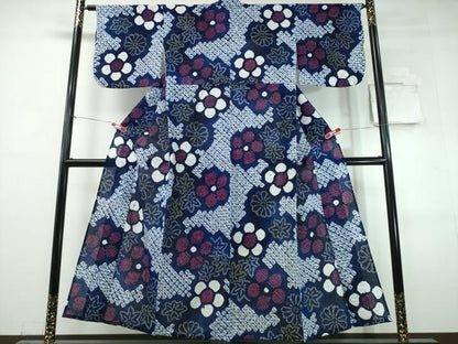平和屋着物∴夏物　浴衣　有松鳴海絞り　舞葉花文　綿　逸品　CABJ0358ng