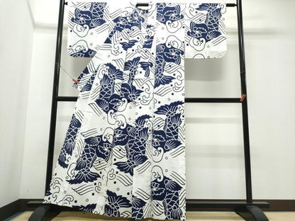 平和屋着物∴夏物　浴衣　注染　手縫い　鯉の滝登り　綿　逸品　CABJ0378ng