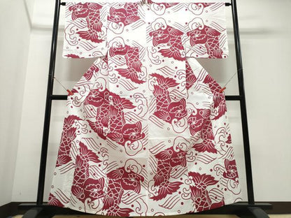 平和屋着物∴夏物　浴衣　注染　手縫い　鯉の滝登り　綿　逸品　CABJ0379ng