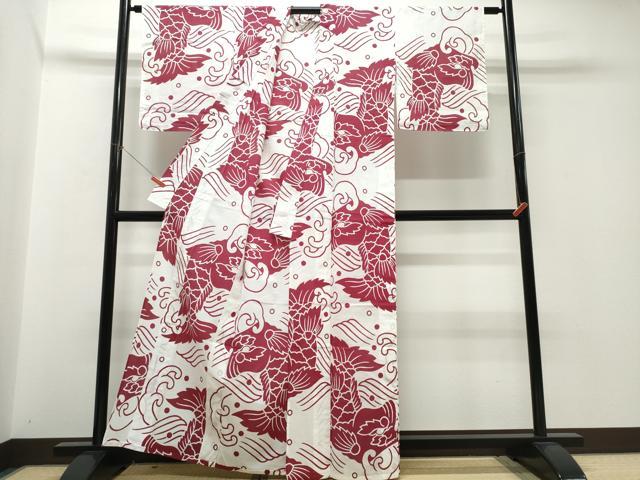 平和屋着物∴夏物　浴衣　注染　手縫い　鯉の滝登り　綿　逸品　CABJ0379ng