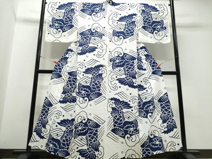 平和屋着物∴夏物　浴衣　注染　手縫い　鯉の滝登り　綿　逸品　CABJ0380ng
