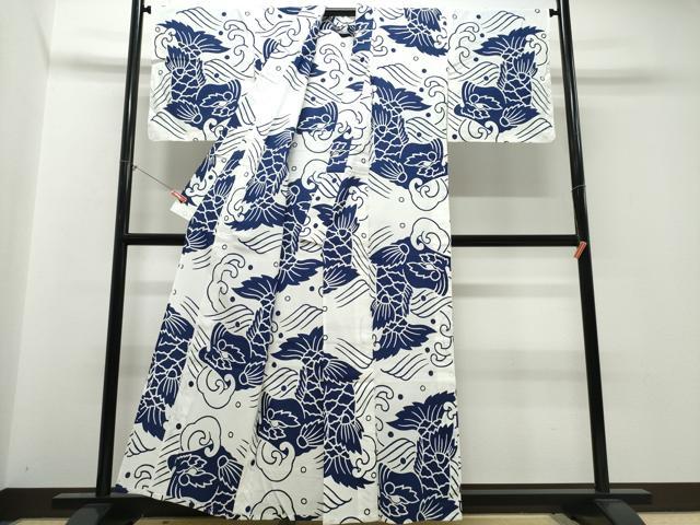 平和屋着物∴夏物　浴衣　注染　手縫い　鯉の滝登り　綿　逸品　CABJ0380ng