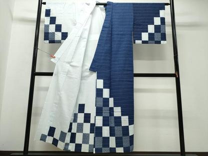 平和屋着物∴夏物　浴衣　訪問着・浴衣兼用　絵羽浴衣　注染　手縫い　格子柄　綿　逸品　CABJ0383ng