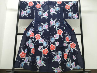 平和屋着物∴夏物　浴衣　注染　手縫い　団扇枝花文　綿　逸品　CABJ0385ng