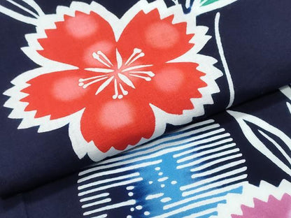平和屋着物∴夏物　浴衣　注染　手縫い　団扇枝花文　綿　逸品　CABJ0385ng