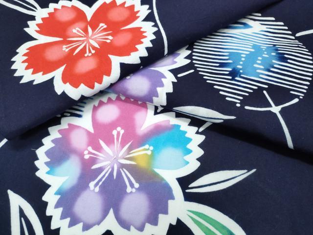 平和屋着物∴夏物　浴衣　注染　手縫い　団扇枝花文　綿　逸品　CABJ0385ng